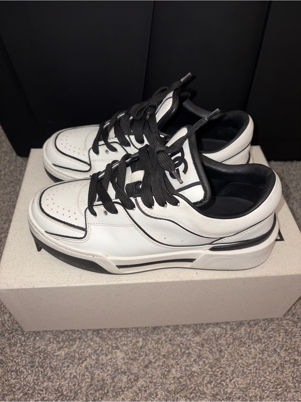 Dolce & Gabbana White and Black Leather Low-Top Sneakers